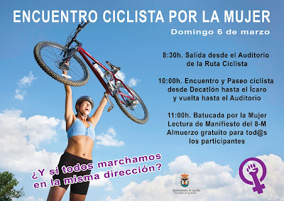 Cartel del evento, a la derecha los diferentes actos de este domingo 6 de marzo de 2016 y a la izquierda se ve la imagen de una mujer con una bicicleta levantada hacia el cielo.