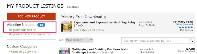 Image of TPT's My Product Listing page with Attention Needed highlighted