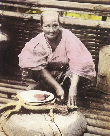 Woman preparing a bayawak or monitor lizard for a meal, Pampanga