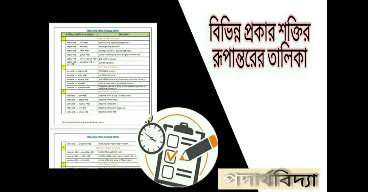 বিভিন্ন প্রকার শক্তির রূপান্তরের তালিকা: pdf || List Of Energy Conversions In Bengali || শক্তির রূপান্তর উদাহরণ