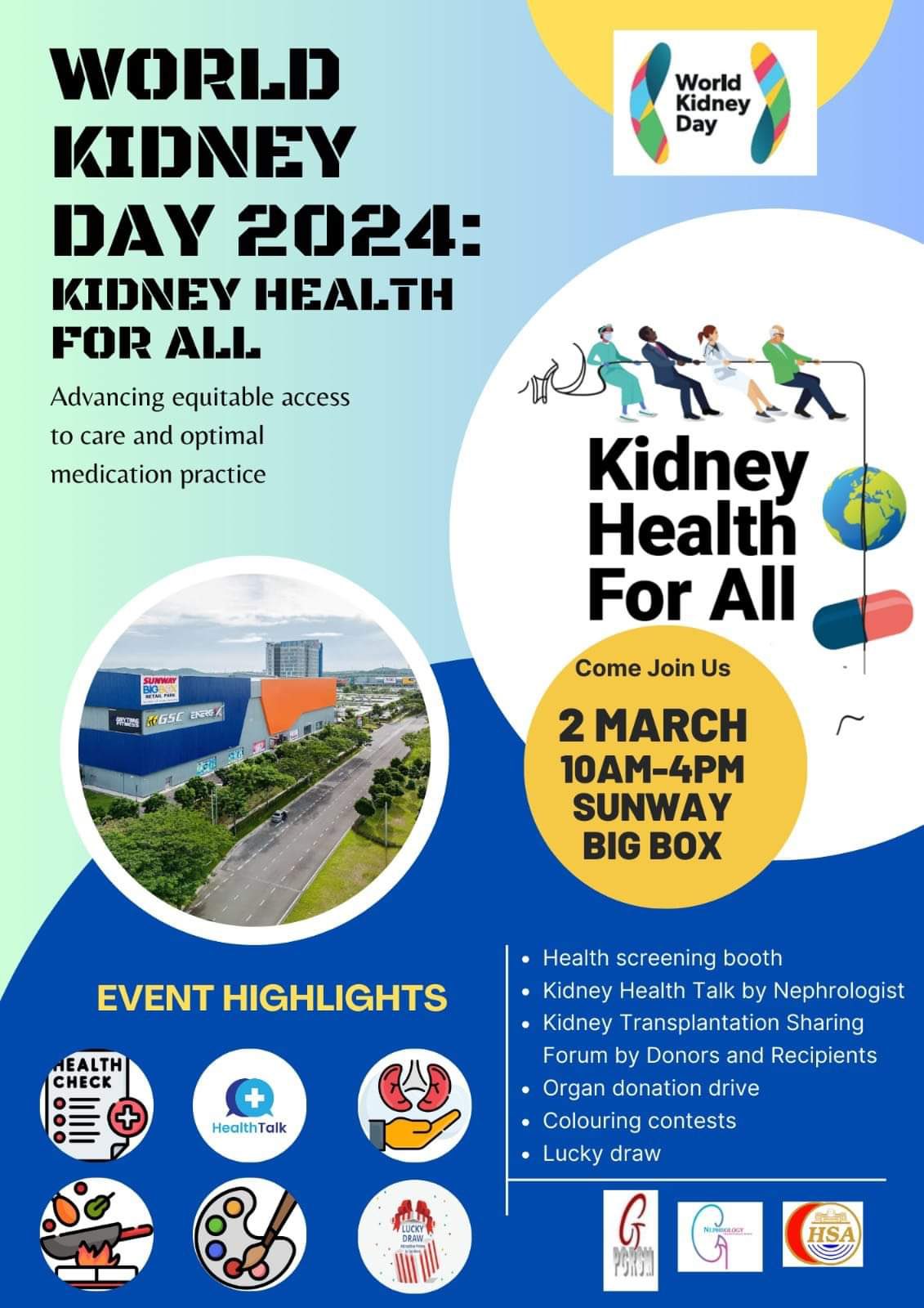 Colorful and engaging World Kidney Day Johor 2024 event poster featuring details of the run, health screening, health talk, organ donation drive, lucky draw, and coloring contest, promoting kidney health awareness in a fun and inclusive way