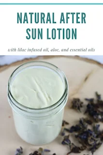 How to make a DIY after sun lotion. This recipe uses lilac infused carrier oils, aloe, and essential oils for the best moisturizer for summer.  This easy bath and body homemade recipe is great for after sun recovery. The oils have vitamin E for natural skin care. Summer beauty means taking care of your skin with natural products. #aftersun #aloe #diy #lotion