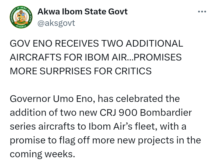 Two additional aircrafts received for Ibom Air by Governor Umo Eno