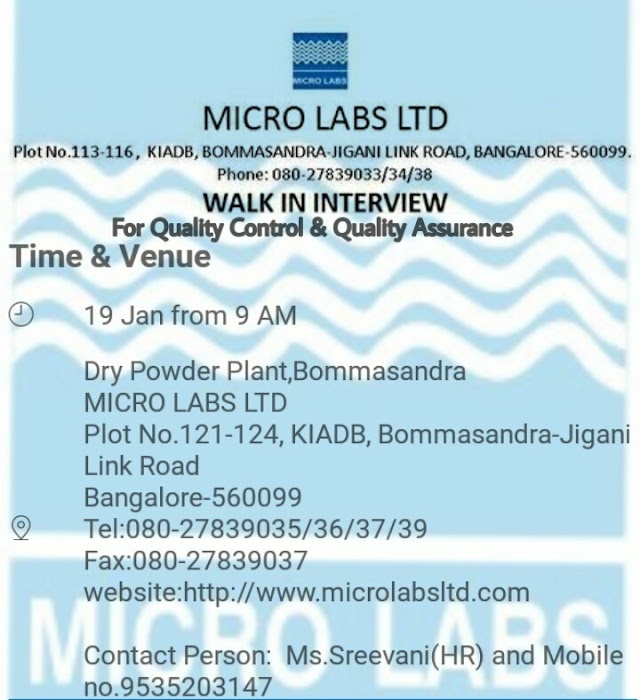 Micro Labs | Walk-In for QC&QA | 19th Jan 2019 | Bangalore