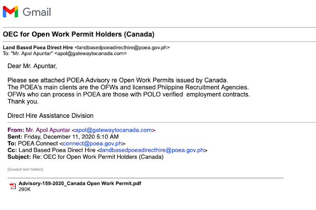 POEA Advisory Re Open Work Permits Issued by Canada