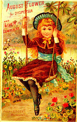 19th century trade card advertising "August Flower" for Dyspepsia. Young woman with golden hair wearing reddish brown dress with blue sash and hat on swing.