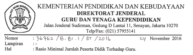 Download Surat Rasio Minimal Jumlah Peserta Didik Terhadap Guru Terbaru 2016 Untuk Pembayaran Tunjangan Profesi Guru 