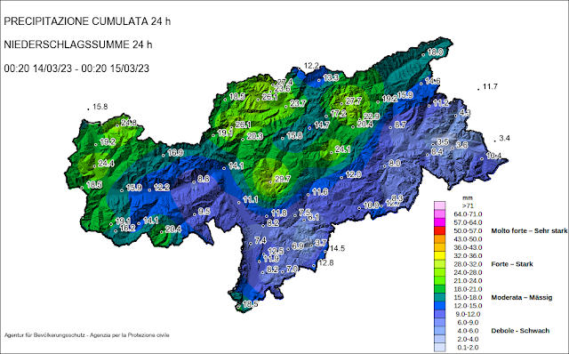 Sommatoria di precipitazione nelle 24 ore alle stazioni in fondovalle,  misurata il 14.03.2023. La maggior parte delle precipitazioni è caduta nel nord e nell'ovest del territorio provinciale. La stazione di Sarentino ha registrato la maggior quantità di pioggia con poco meno di 30 mm