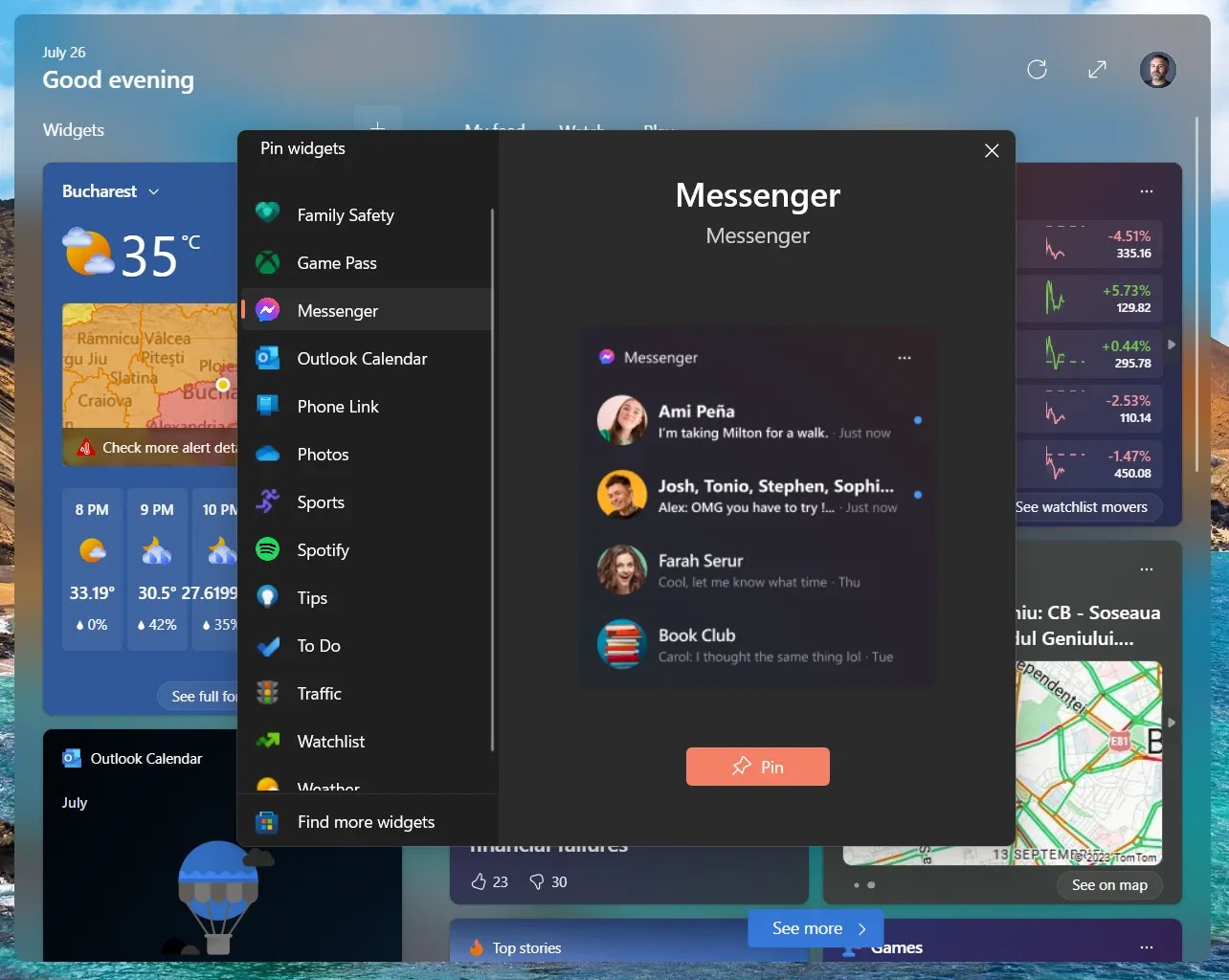 Expanded Windows 11 widget board with new widgets to pin