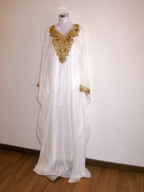 RAGAZZA White with Gold Beading Kaftan Dress