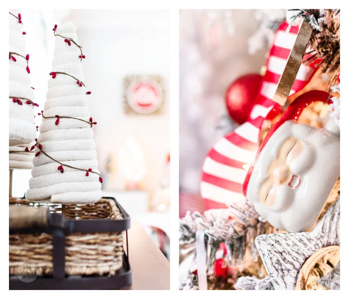 yarn wrapped Christmas trees with red berries and Santa mugs hanging on Christmas tree