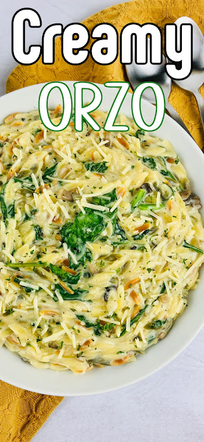 Creamy Mushroom and Spinach Orzo in a large white serving bowl with recipe title text overlay.