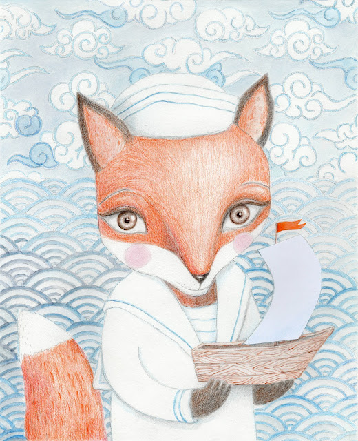 Aide Leit #AideLL little sailor #fox #werefox #sailboat #japanise sea cloudspattern #colored pencils aquarelle illustration drawing art