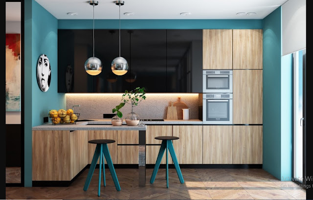 Teal Color House Interior Design with kitchen interior modern sky blue colour