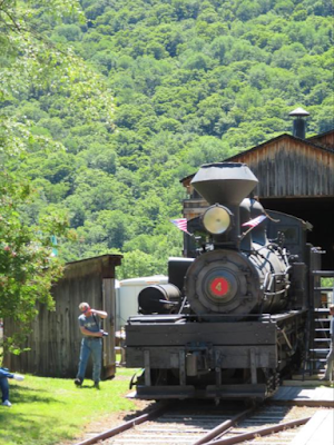 Shay logging locomotive out of its shed for the day