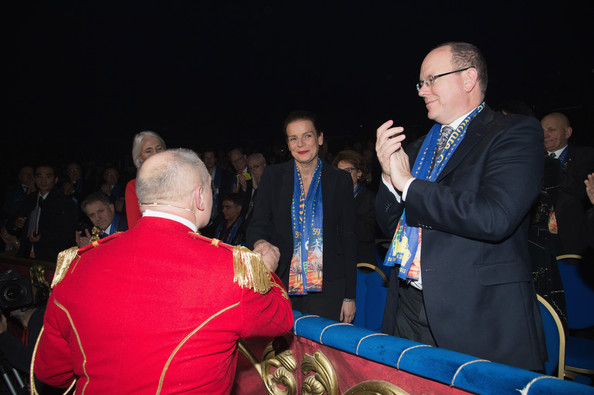 Prince Albert II of Monaco waves next to his sister Princess Stephanie of Monaco as they attend the 39th Monte-Carlo International Circus Festival in Monaco