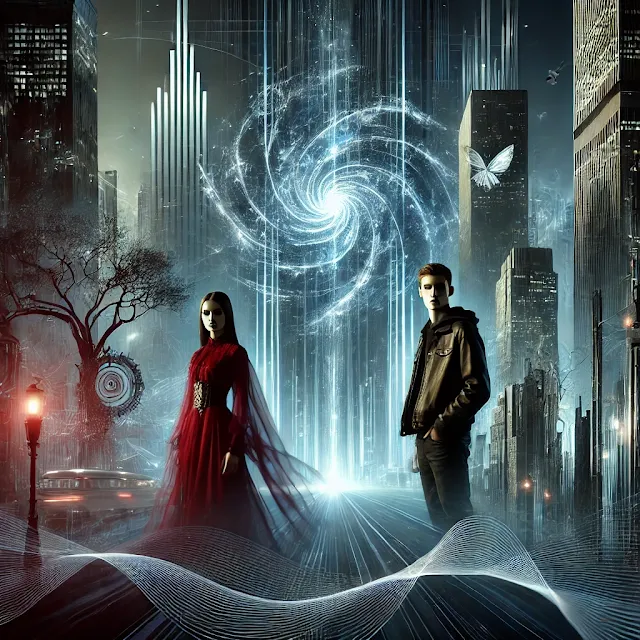 A dynamic scene in a dark, futuristic city with towering buildings, neon lights, and shadowy figures, capturing the atmosphere of mystery and intrigue tied to Revolution, Baby!, featuring the soundtrack by Carlos Perón, Jens Esch, and Piotr Krompiewski.