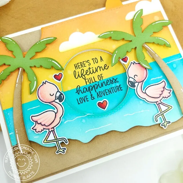 Sunny Studio Stamps: Tropical Tree Backdrop Die Focused Card by Marieke Slaats (featuring Fabulous Flamingos, Inside Greetings)