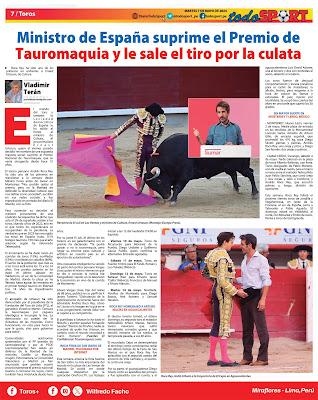 Pagina toros diario Todo Sport periodico ministro cultura españa urtasun roca rey premio nacional de tauromaquia arturo macias aguascalientes