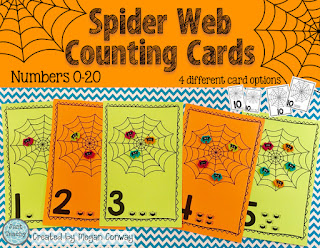 Spider Web Counting Cards, practice number recognition, counting, number order and one-to-one correspondence, www.justteachy.com