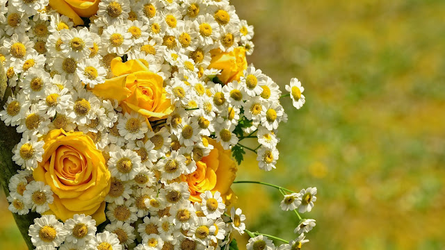 Zomer boeket met madeliefjes en gele rozen.