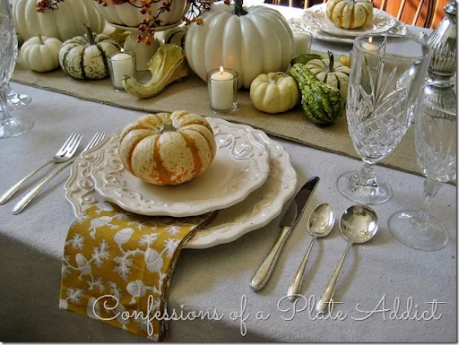 CONFESSIONS OF A PLATE ADDICT Thanksgiving Tablescape...Bittersweet, Pumpkins and Mercury Glass