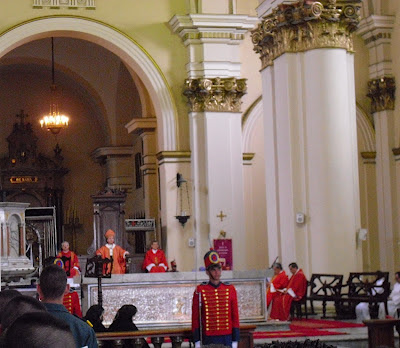 The Archbishop of Bogotá, Jesús Rubén Salazar Gómez, looking all powerful seated on his 'throne' during Good Friday ceremonies at the main Cathedral in the Colombian capital