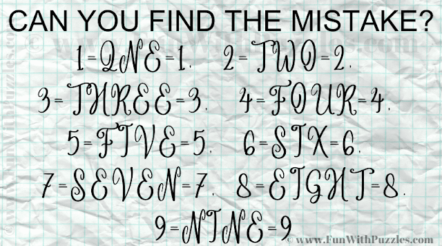 CAN YOU FIND THE MISTAKE? 1=QNE=1, 2=TWO=2, 3=THREE=3, 4=FOUR=4, 5=FIVE=5, 6=SIX=6, 7=SEVEN=7, 8=EIGHT=8, 9=NINE=9