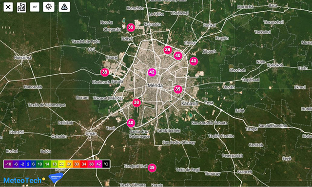 Mapa de la ciudad de Mérida mostrando las diferentes estaciones meteorológicas