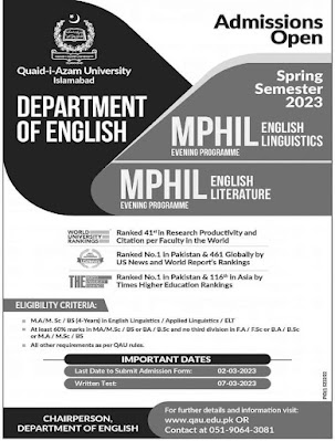 Quaid-e-Azam University Spring Admissions 2023