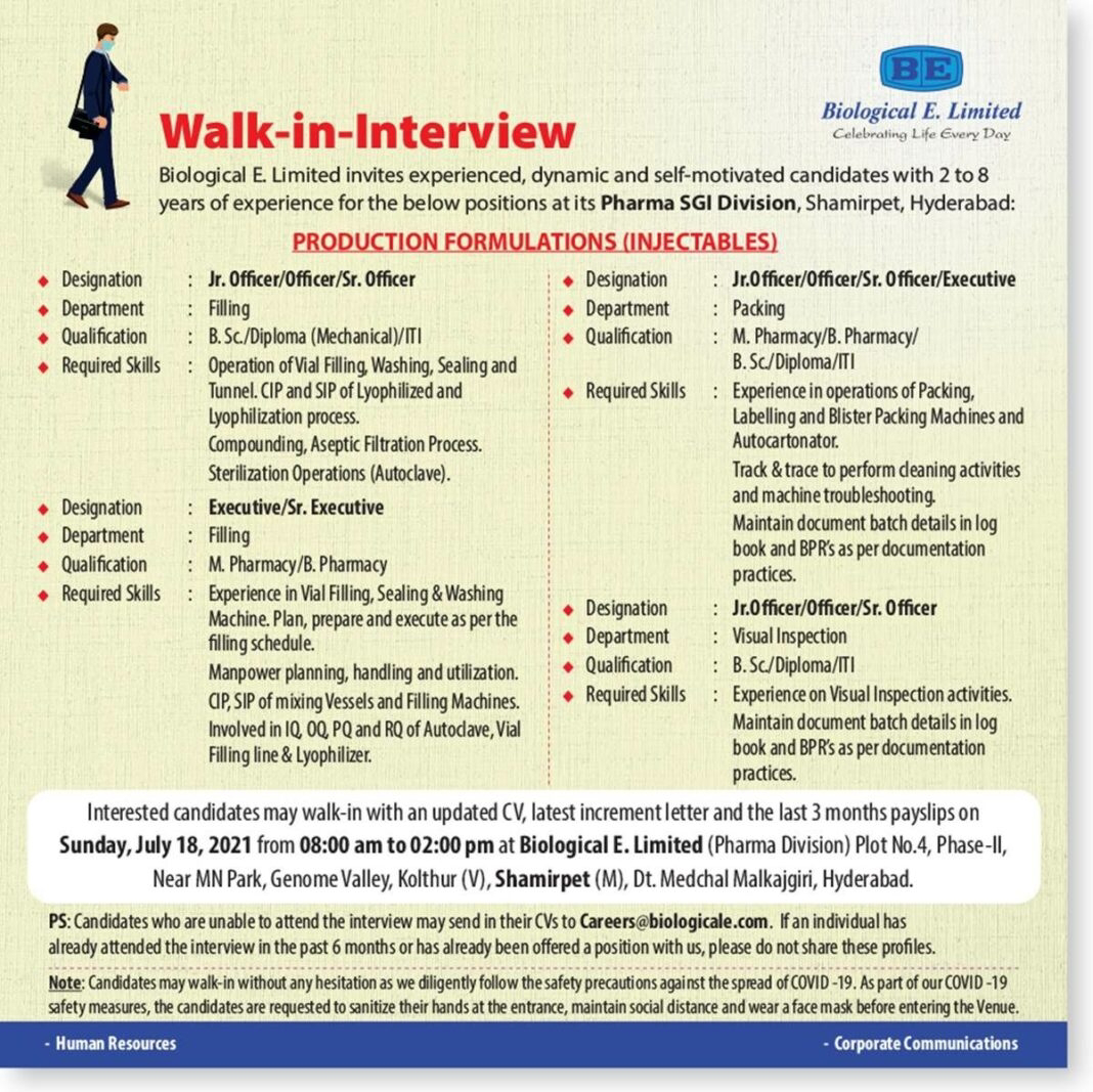 Job Availables, Biological E. Ltd  Walk-In Interviews for Production/ Packing Department - Multiple Opening