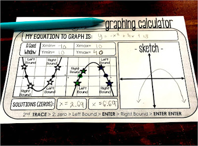 Do your Algebra students struggle to graph quadratics on their graphing calculators? Do they have a hard time finding an appropriate graphing calculator window? I've found that this free template works really well to help students find quadratic solutions, a good x-min, y-min, x-max and y-max that makes sense for their function and gives great practice for solving quadratics. You can download it for free from the Scaffolded Math and Science Teachers pay Teachers store.