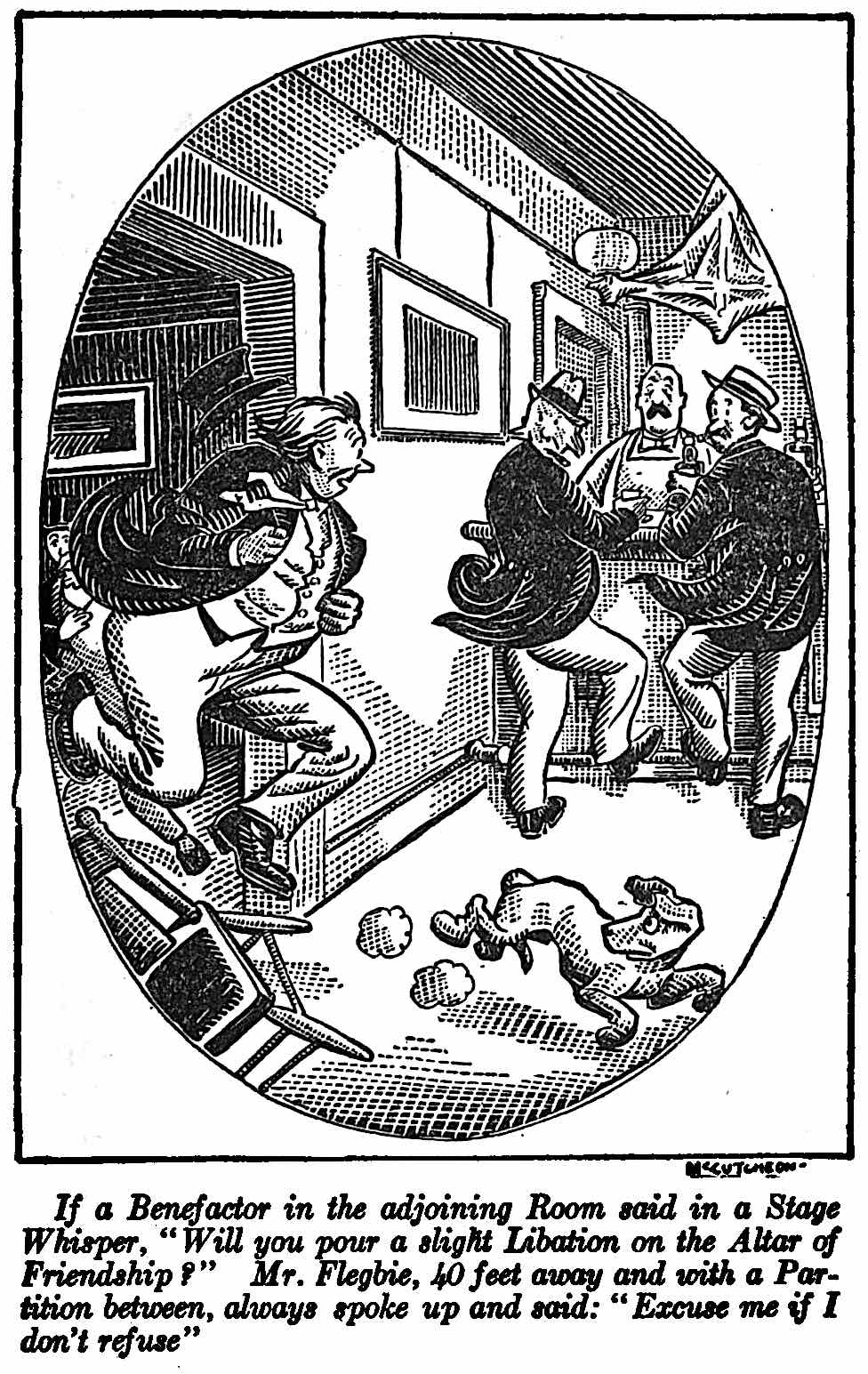 A man hears on offer of free drinks and runs over from another room, a cartoon by John P. McCutcheon