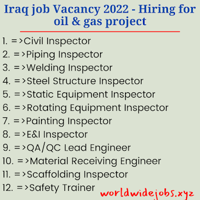 Iraq job Vacancy 2022 - Hiring for oil & gas project