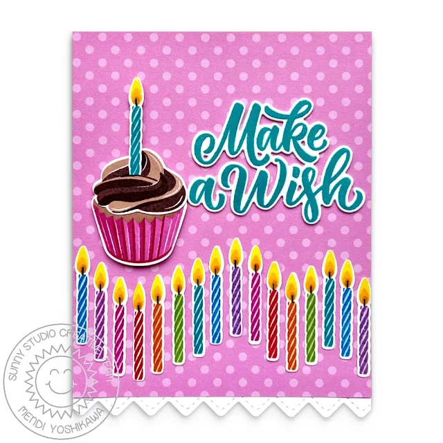 Sunny Studio Pink Polka-dot Birthday Candles Card (using Scrumptious Cupcakes & Big Bold Greetings Stamps, Ric Rac Border Dies, Dots & Stripes Pastels Paper)