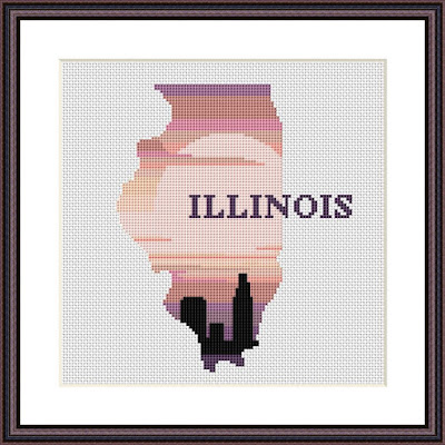 Illinois state map silhouette sunset cross stitch pattern - JPCrochet