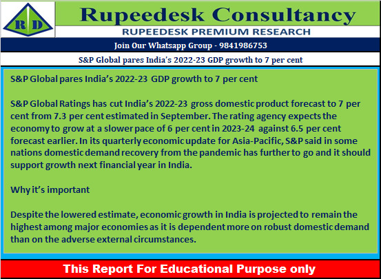 S&P Global pares India’s 2022-23 GDP growth to 7 per cent - Rupeedesk Reports - 29.11.2022