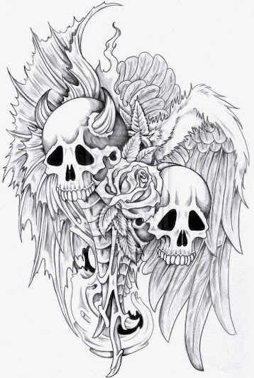 Evil skull vs angel skull rose and wings tattoo stencil