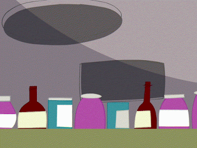 animated illustration bottles on counter and alien flying