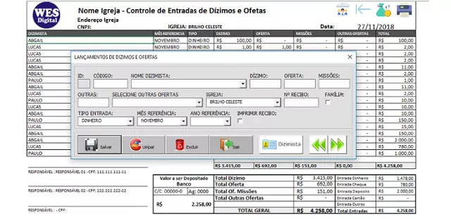 ficha de controle de dizimos e ofertas