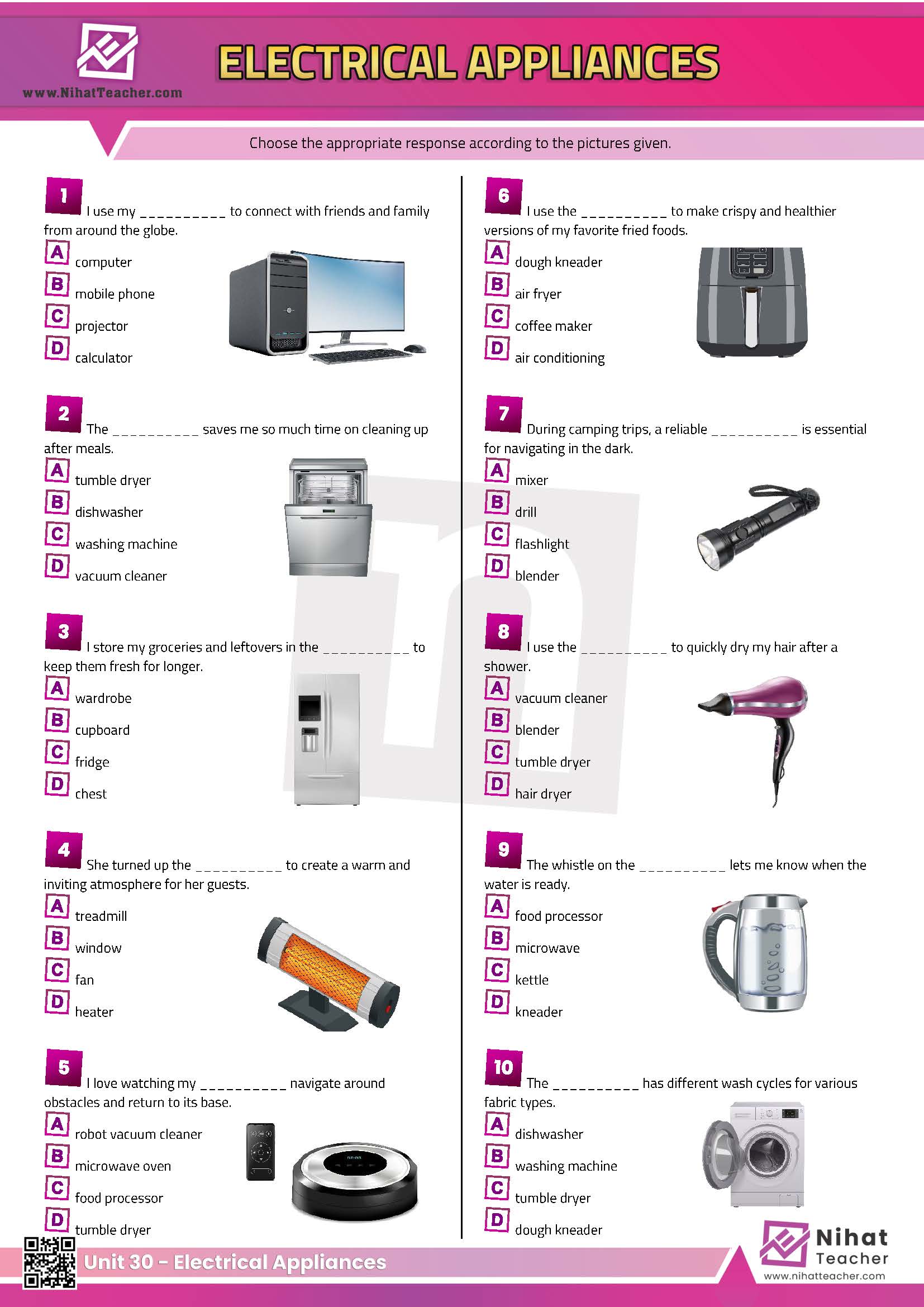 A PDF and online multiple choice test about electrical appliances in English.  A downloadable, print-friendly, PDF multiple choice test about electrical appliances in English.   Exercises about electrical appliances in English.  Electrical appliances or electric appliances?  Household electrics or household electronics?   Fun, Print-friendly PDF multiple choice test about electrical appliances in English.