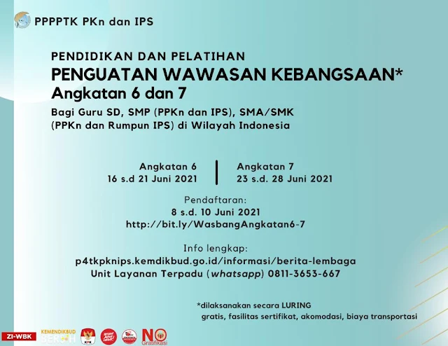 Diklat Penguatan Wasbang Angkatan 6 bagi Guru Jenjang SD akan dilaksanakan tanggal  16 s.d. 21 Juni 2021, dan Angkatan 7  bagi Guru Jenjang SMP dan SMA/SMK akan dilaksanakan pada tanggal 23 s.d. 28 Juni 2021.