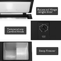 Features include top-opening door/lid with balanced hinges & temperature control knob with 7 settings on R.W.FLAME RW6880-B Compact Chest Freezer