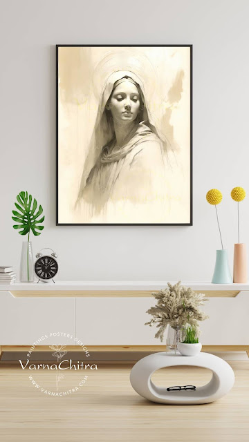 Sketchbook style sketch painting of holy mary, elegant and graceful, vintage holy mary painting by Biju Varnachitra