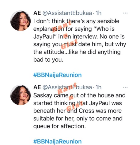 She has a nasty attitude, fame got into her head – Twitter users tear BBNaija’s Saskay apart for dumping Jaypaul for Cross