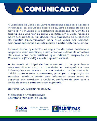 Secretaria de Saúde de Barreiras amplia publicação do Boletim da Covid-19 para duas vezes por semana 
