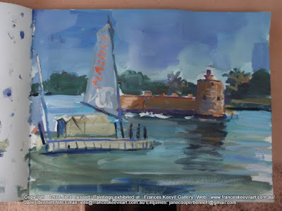 watercolour painting of the 'Plastiki' sailing past Fort Denison on  Sydney Harbour by artist Jane Bennett