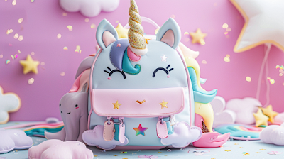 A kawaii unicorn backpack with a rainbow tail and a sparkly horn