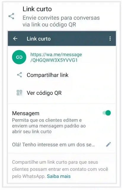 Link Curto e QR Code Whatsapp Business