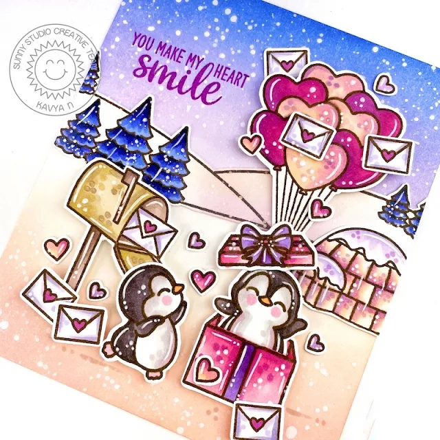 Sunny Studio Stamps: Passionate Penguin Card by Kavya (featuring Snail Mail, Heart Bouguet, Scenic Route, Winter Scenes)